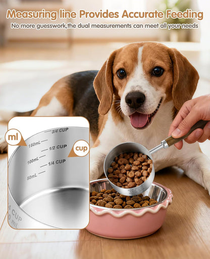 Stainless Steel Dog Food Scoop 1/2 Cup, Dog Food Measuring Cup With Measuring Lines & Long Wooden Handle, Metal Pet Food Scoop For Dogs, Cats and Kitchen Use (1/2 CUP)