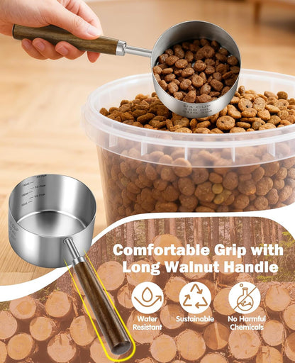 Stainless Steel Dog Food Scoop 1/2 Cup, Dog Food Measuring Cup With Measuring Lines & Long Wooden Handle, Metal Pet Food Scoop For Dogs, Cats and Kitchen Use (1/2 CUP)
