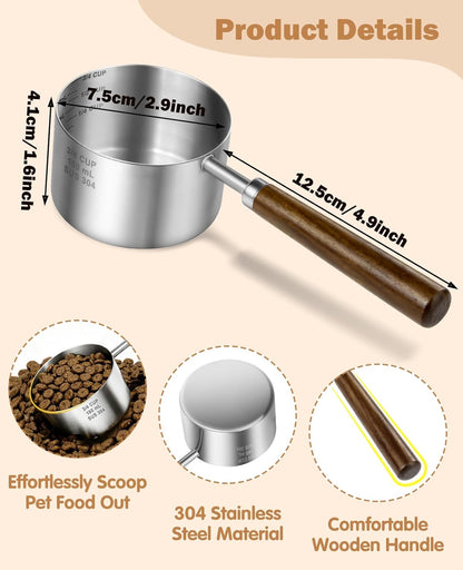 Stainless Steel Dog Food Scoop 1/2 Cup, Dog Food Measuring Cup With Measuring Lines & Long Wooden Handle, Metal Pet Food Scoop For Dogs, Cats and Kitchen Use (1/2 CUP)