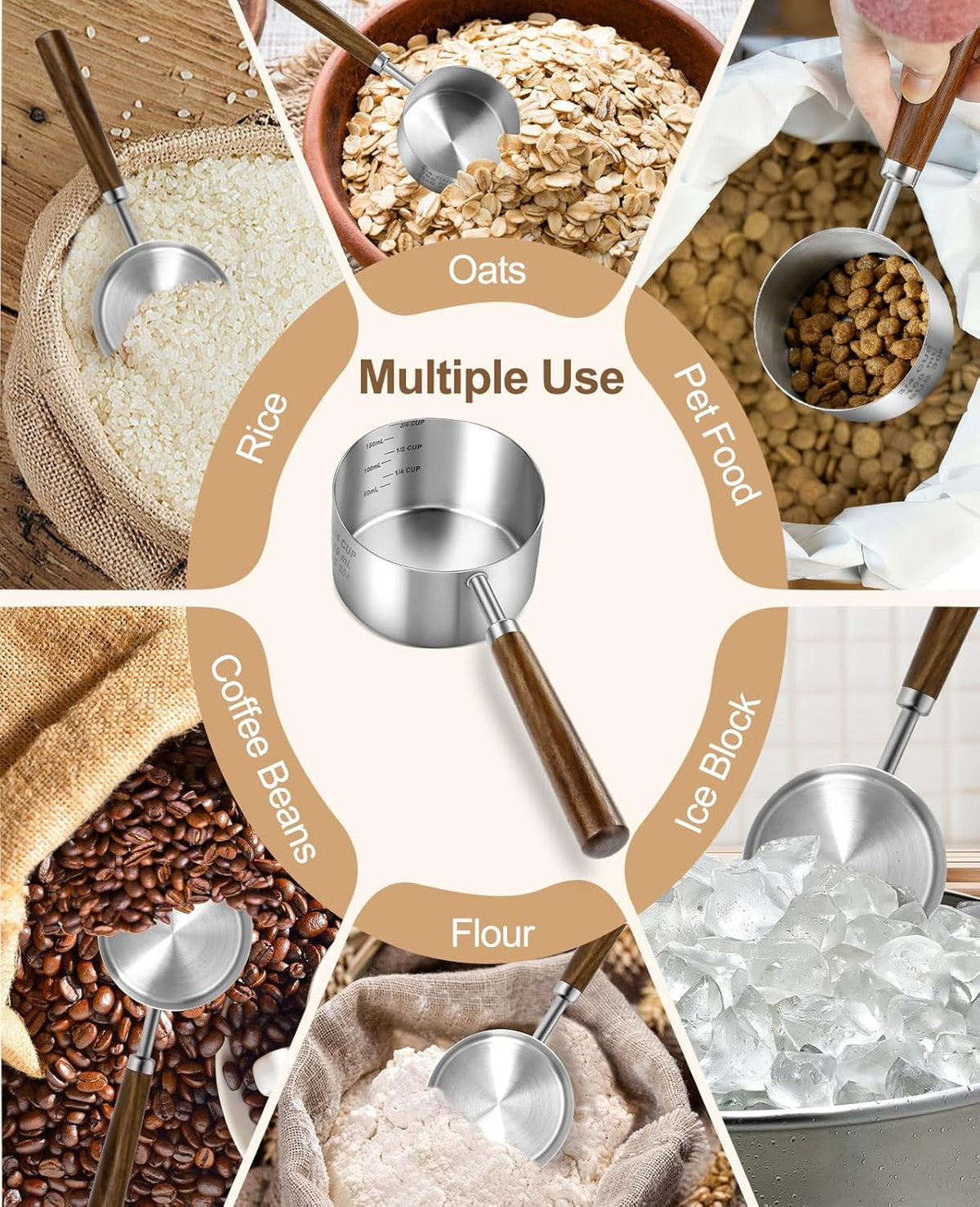 Stainless Steel Dog Food Scoop 1/2 Cup, Dog Food Measuring Cup With Measuring Lines & Long Wooden Handle, Metal Pet Food Scoop For Dogs, Cats and Kitchen Use (1/2 CUP)