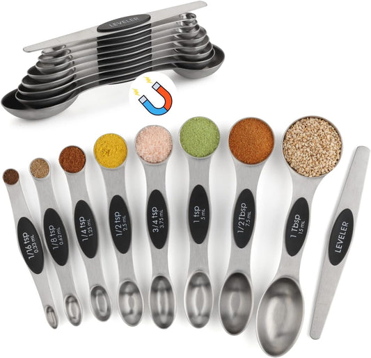 Magnetic Measuring Spoon Set 9 Dual Sided Stainless Steel Measuring Spoons | Stackable Nesting Tablespoon Teaspoon, Fits in Spice Jars, for Dry or Liquid Ingredients