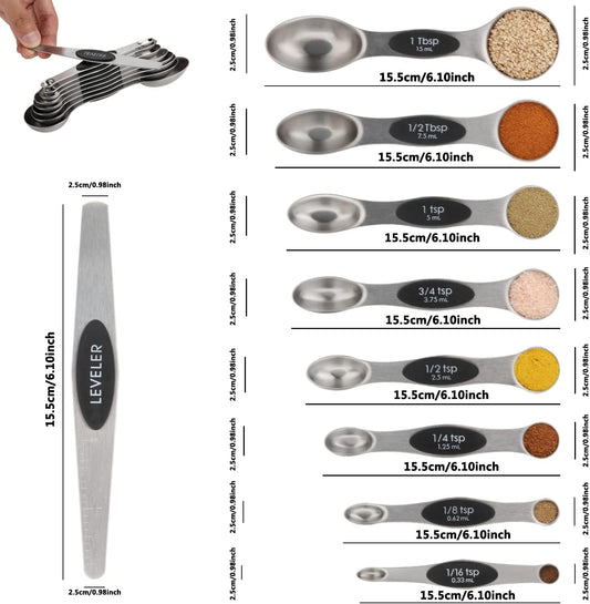 Magnetic Measuring Spoon Set 9 Dual Sided Stainless Steel Measuring Spoons | Stackable Nesting Tablespoon Teaspoon, Fits in Spice Jars, for Dry or Liquid Ingredients