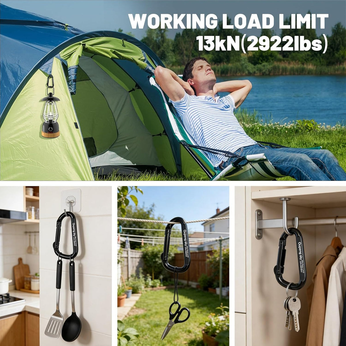 Carabiner Clip - Heavy Duty Carabiners 800lbs-13KN (2922 lbs) Carabeaner D Ring Shape,Key Chain Clip Hook,Keychain Clip,Multipurpose for Camping, Hiking,Backpacking or Other Outdoor Activities.