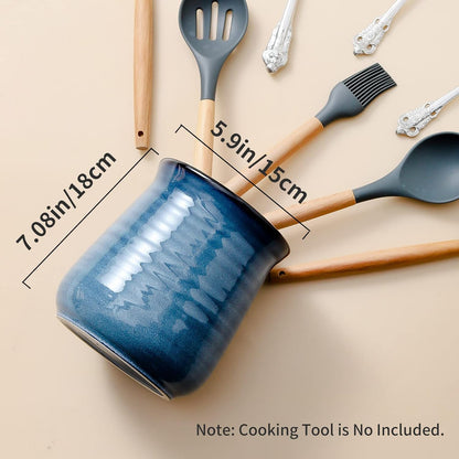 Utensil Holder for Kitchen Counter 7.1” Cooking Utensil Crock for Countertop, Blue Ceramic Stable Utensil Organizer Caddy with Reactive Glaze for Spatula and Spoon, Dishwasher Safe