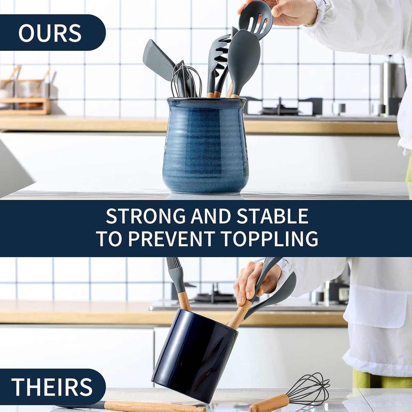 Utensil Holder for Kitchen Counter 7.1” Cooking Utensil Crock for Countertop, Blue Ceramic Stable Utensil Organizer Caddy with Reactive Glaze for Spatula and Spoon, Dishwasher Safe