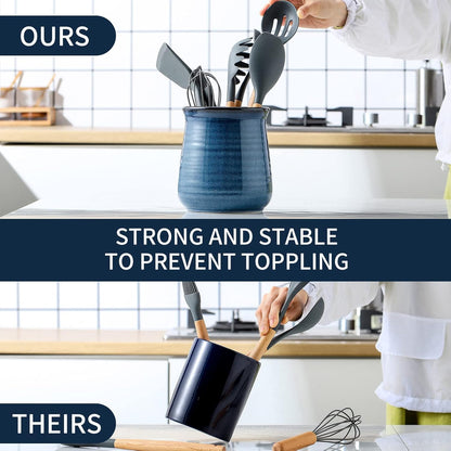 Utensil Holder for Kitchen Counter 7.1” Cooking Utensil Crock for Countertop, Blue Ceramic Stable Utensil Organizer Caddy with Reactive Glaze for Spatula and Spoon, Dishwasher Safe