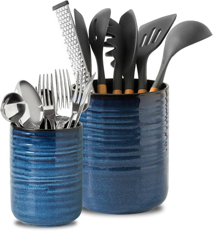 Utensil Holder for Kitchen Counter 7.1” Cooking Utensil Crock for Countertop, Blue Ceramic Stable Utensil Organizer Caddy with Reactive Glaze for Spatula and Spoon, Dishwasher Safe