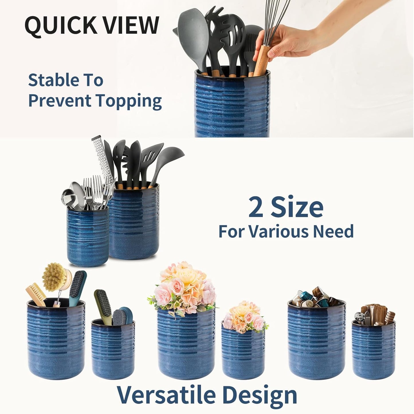 Utensil Holder for Kitchen Counter 7.1” Cooking Utensil Crock for Countertop, Blue Ceramic Stable Utensil Organizer Caddy with Reactive Glaze for Spatula and Spoon, Dishwasher Safe