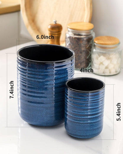 Utensil Holder for Kitchen Counter 7.1” Cooking Utensil Crock for Countertop, Blue Ceramic Stable Utensil Organizer Caddy with Reactive Glaze for Spatula and Spoon, Dishwasher Safe