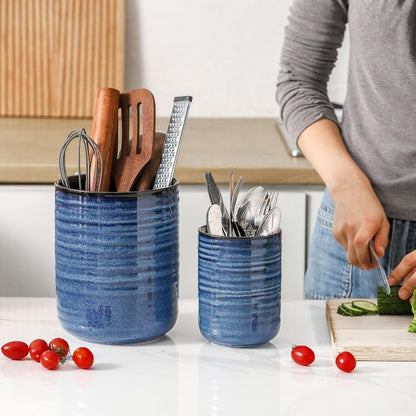 Utensil Holder for Kitchen Counter 7.1” Cooking Utensil Crock for Countertop, Blue Ceramic Stable Utensil Organizer Caddy with Reactive Glaze for Spatula and Spoon, Dishwasher Safe