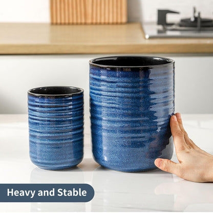 Utensil Holder for Kitchen Counter 7.1” Cooking Utensil Crock for Countertop, Blue Ceramic Stable Utensil Organizer Caddy with Reactive Glaze for Spatula and Spoon, Dishwasher Safe
