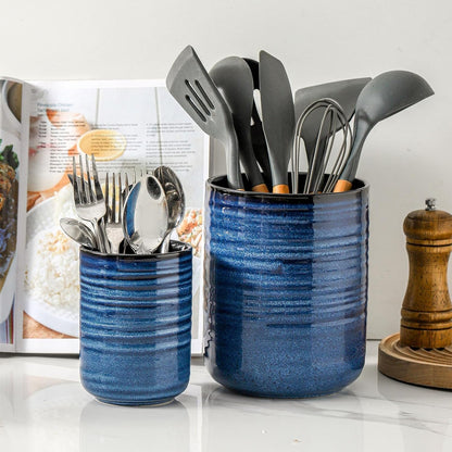 Utensil Holder for Kitchen Counter 7.1” Cooking Utensil Crock for Countertop, Blue Ceramic Stable Utensil Organizer Caddy with Reactive Glaze for Spatula and Spoon, Dishwasher Safe