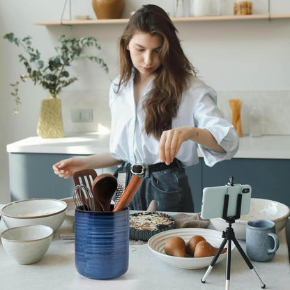 Utensil Holder for Kitchen Counter 7.1” Cooking Utensil Crock for Countertop, Blue Ceramic Stable Utensil Organizer Caddy with Reactive Glaze for Spatula and Spoon, Dishwasher Safe