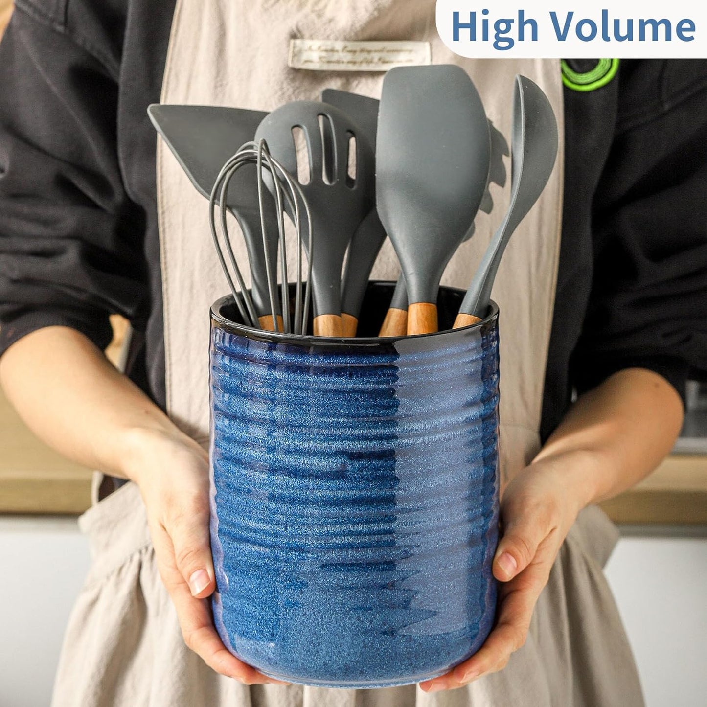 Utensil Holder for Kitchen Counter 7.1” Cooking Utensil Crock for Countertop, Blue Ceramic Stable Utensil Organizer Caddy with Reactive Glaze for Spatula and Spoon, Dishwasher Safe