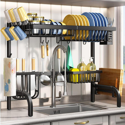 Over The Sink Dish Drying Rack, Adjustable 25.5-33.5 in, 2-Tier, Black