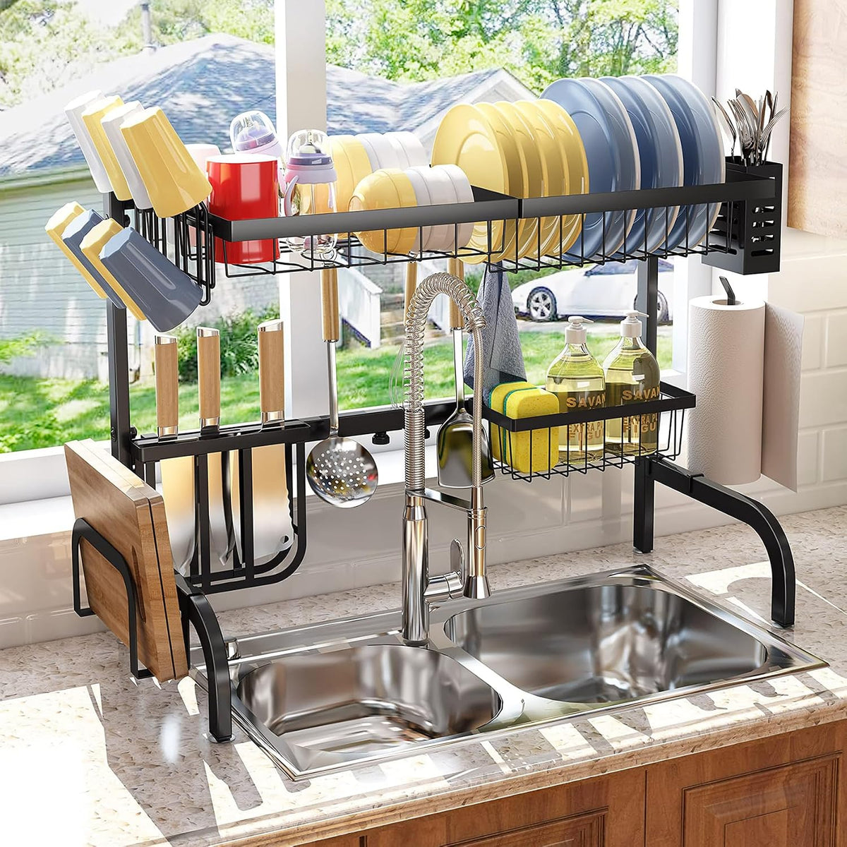 Over The Sink Dish Drying Rack, Adjustable 25.5-33.5 in, 2-Tier, Black