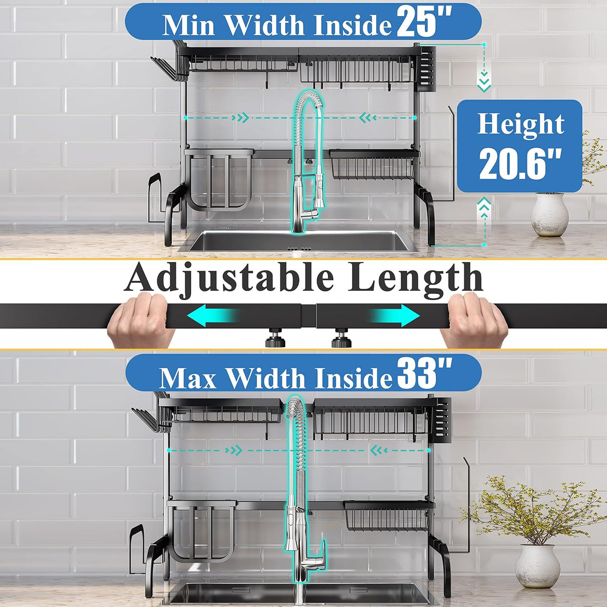 Over The Sink Dish Drying Rack, Adjustable 25.5-33.5 in, 2-Tier, Black