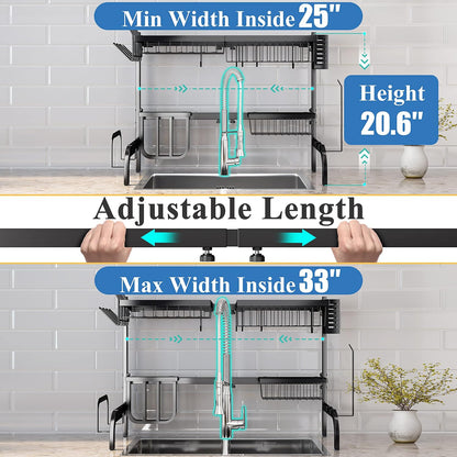 Over The Sink Dish Drying Rack, Adjustable 25.5-33.5 in, 2-Tier, Black
