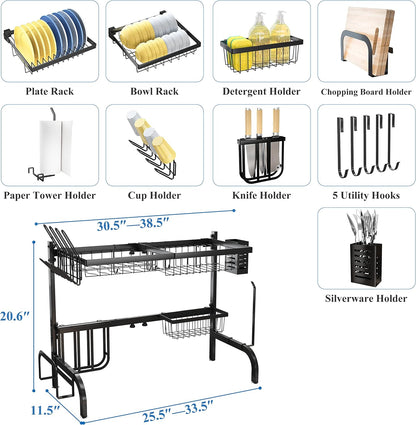 Over The Sink Dish Drying Rack, Adjustable 25.5-33.5 in, 2-Tier, Black