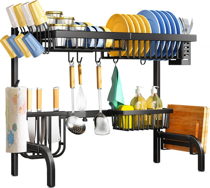 Over The Sink Dish Drying Rack, Adjustable 25.5-33.5 in, 2-Tier, Black