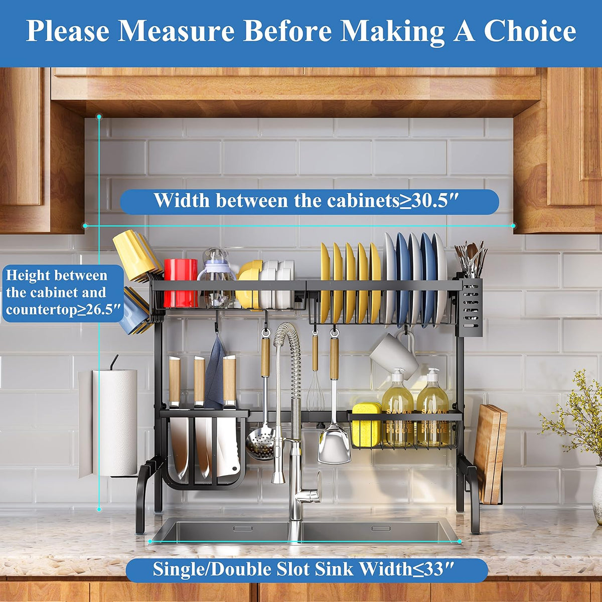 Over The Sink Dish Drying Rack, Adjustable 25.5-33.5 in, 2-Tier, Black