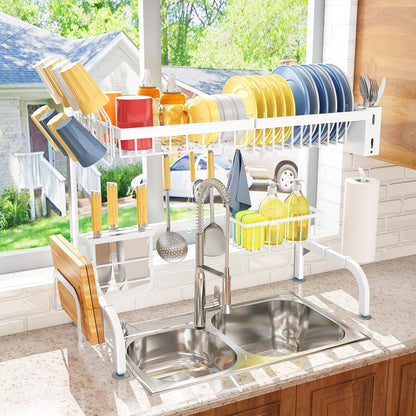 Over The Sink Dish Drying Rack, Adjustable 25.5-33.5 in, 2-Tier, Black