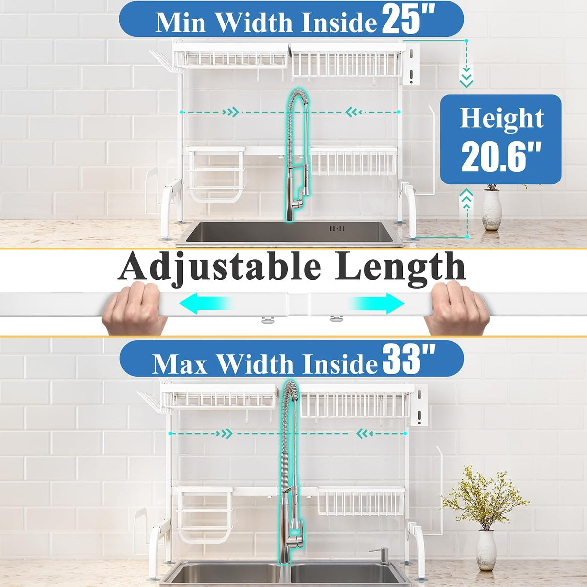 Over The Sink Dish Drying Rack, Adjustable 25.5-33.5 in, 2-Tier, Black