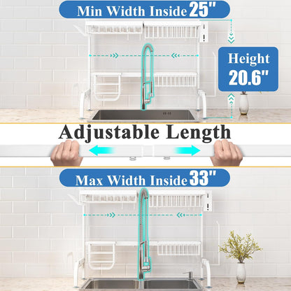 Over The Sink Dish Drying Rack, Adjustable 25.5-33.5 in, 2-Tier, Black