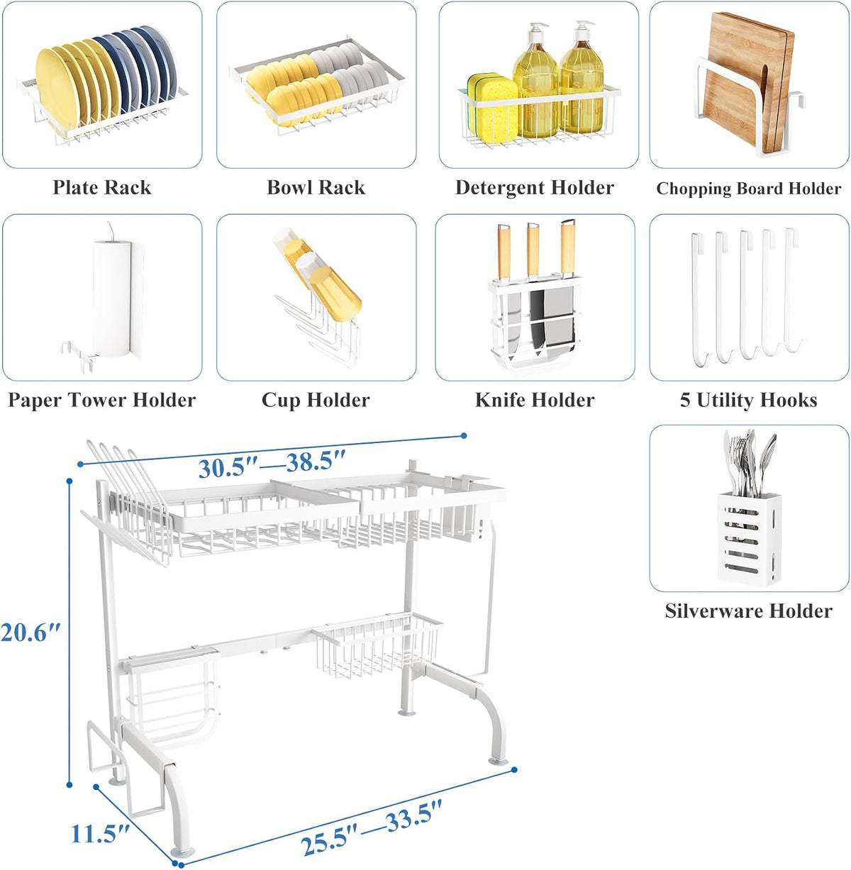 Over The Sink Dish Drying Rack, Adjustable 25.5-33.5 in, 2-Tier, Black