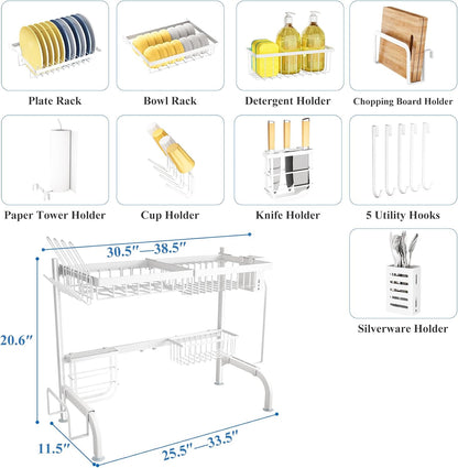 Over The Sink Dish Drying Rack, Adjustable 25.5-33.5 in, 2-Tier, Black