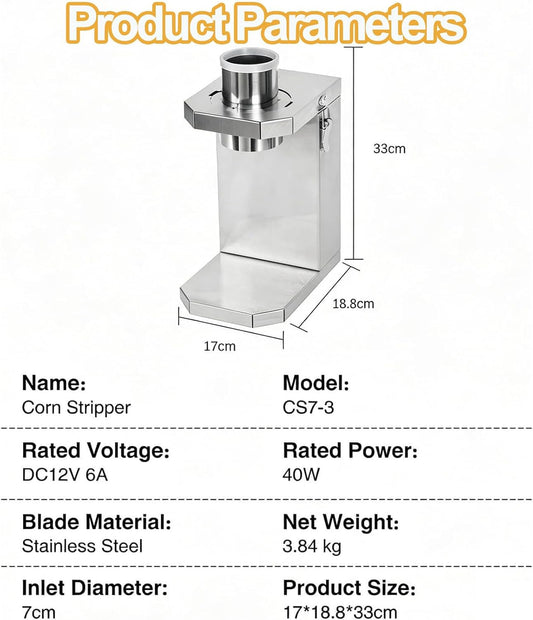 Electric Fresh Corn Stripper, 40W Stainless Steel Corn Cob Thresher, 6.5cm Feed Inlet, Removable Blade, Quick Kernel Removal for Fresh and Cooked Corns, Commercial Use