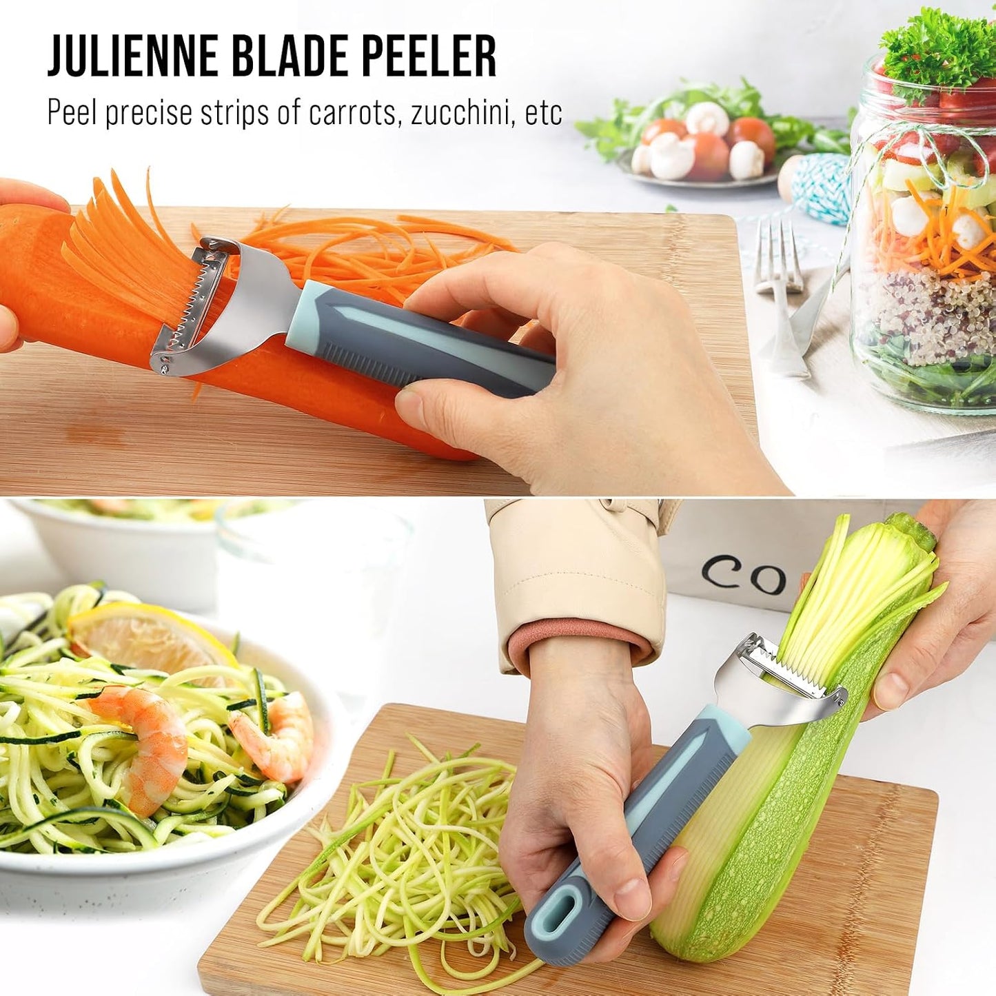 Julienne Peeler Vegetable Peeler with 4.8'' Long Silicone Handle | Non-slip grip & sharp blade; Y carrot shredder -strips for salads & meal prep; Potato peeler -ordinary peeling; 2 Pack; Blue