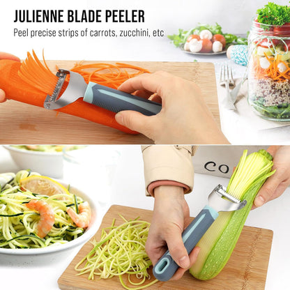 Julienne Peeler Vegetable Peeler with 4.8'' Long Silicone Handle | Non-slip grip & sharp blade; Y carrot shredder -strips for salads & meal prep; Potato peeler -ordinary peeling; 2 Pack; Blue