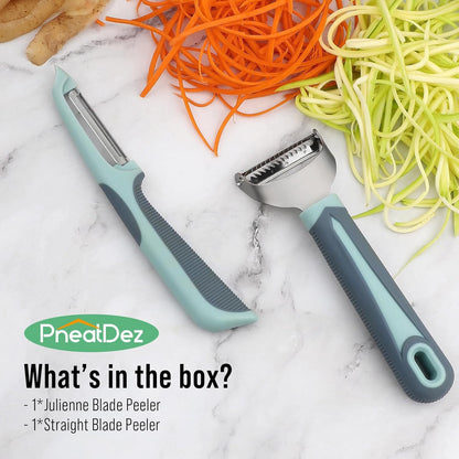 Julienne Peeler Vegetable Peeler with 4.8'' Long Silicone Handle | Non-slip grip & sharp blade; Y carrot shredder -strips for salads & meal prep; Potato peeler -ordinary peeling; 2 Pack; Blue