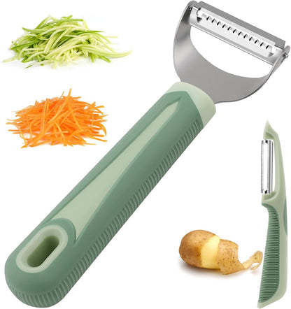 Julienne Peeler Vegetable Peeler with 4.8'' Long Silicone Handle | Non-slip grip & sharp blade; Y carrot shredder -strips for salads & meal prep; Potato peeler -ordinary peeling; 2 Pack; Blue