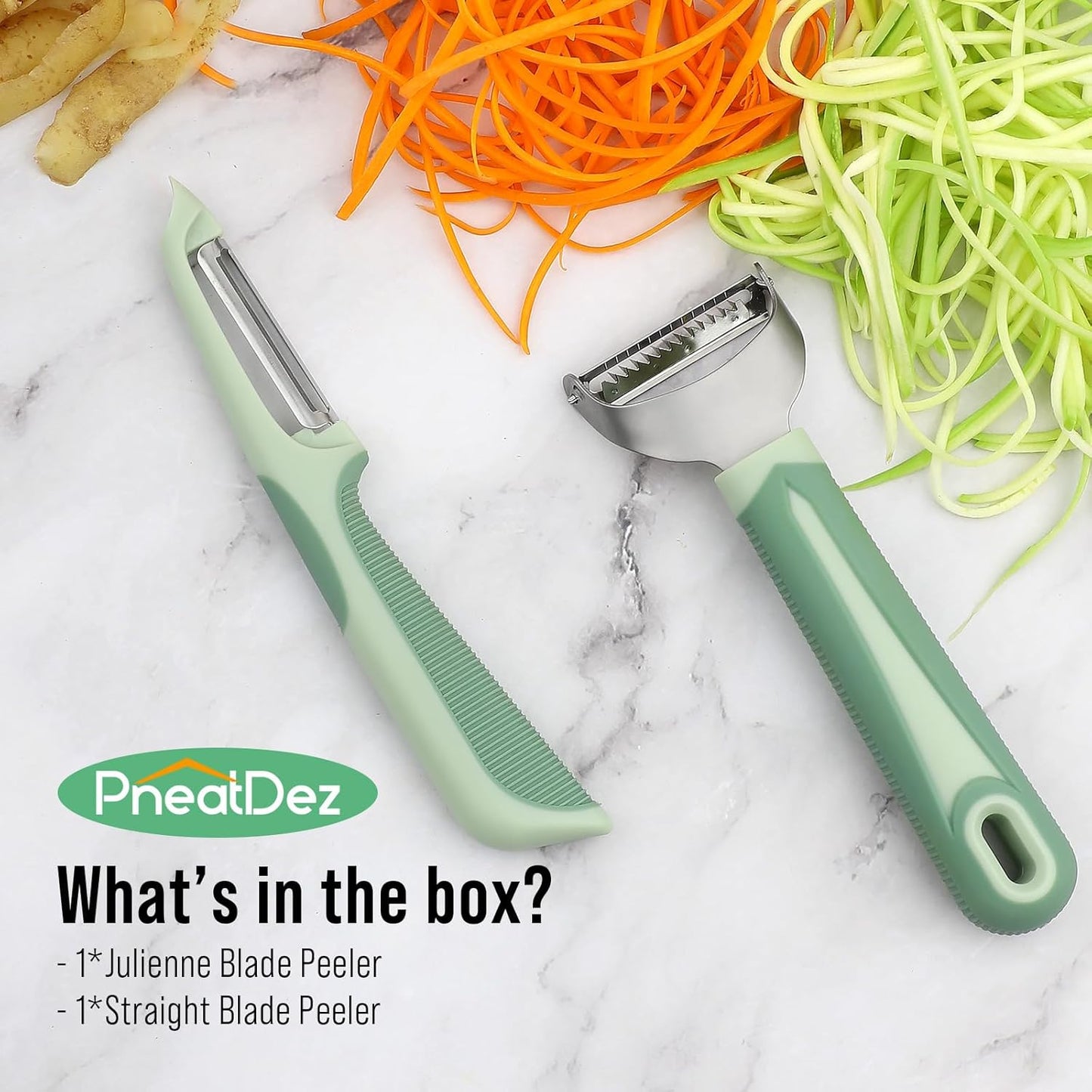 Julienne Peeler Vegetable Peeler with 4.8'' Long Silicone Handle | Non-slip grip & sharp blade; Y carrot shredder -strips for salads & meal prep; Potato peeler -ordinary peeling; 2 Pack; Blue
