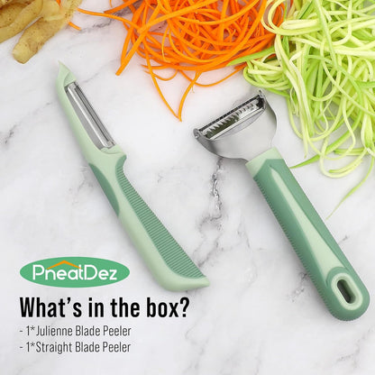 Julienne Peeler Vegetable Peeler with 4.8'' Long Silicone Handle | Non-slip grip & sharp blade; Y carrot shredder -strips for salads & meal prep; Potato peeler -ordinary peeling; 2 Pack; Blue