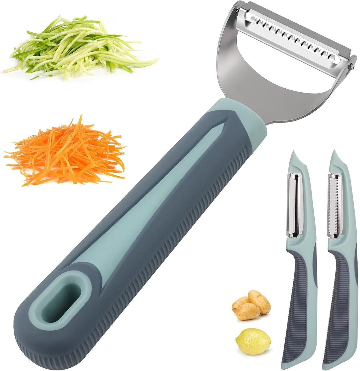 Julienne Peeler Vegetable Peeler with 4.8'' Long Silicone Handle | Non-slip grip & sharp blade; Y carrot shredder -strips for salads & meal prep; Potato peeler -ordinary peeling; 2 Pack; Blue
