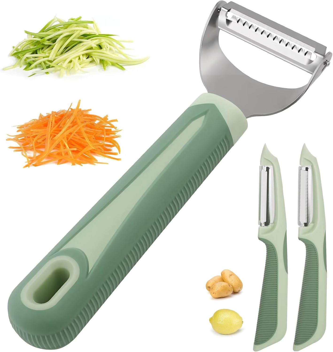 Julienne Peeler Vegetable Peeler with 4.8'' Long Silicone Handle | Non-slip grip & sharp blade; Y carrot shredder -strips for salads & meal prep; Potato peeler -ordinary peeling; 2 Pack; Blue