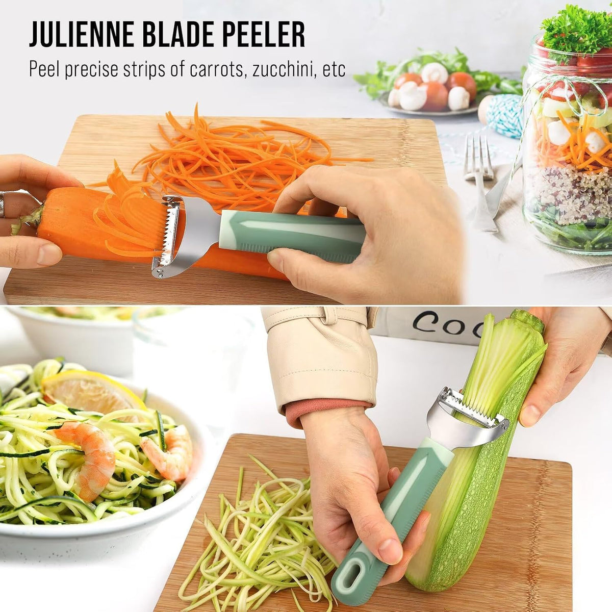 Julienne Peeler Vegetable Peeler with 4.8'' Long Silicone Handle | Non-slip grip & sharp blade; Y carrot shredder -strips for salads & meal prep; Potato peeler -ordinary peeling; 2 Pack; Blue