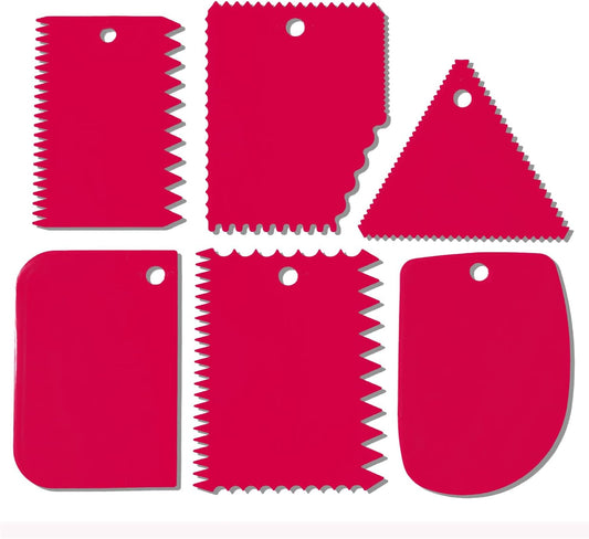 Cake Scraper, 6 Pcs Cake Smoother Scraper, Dough Scraper Red | Cake Scraper Smoother, Cake Smoother, Plastic Sawtooth Comb Cake Edge DIY Tool-14 Design Textures for Mousse Butter Cream
