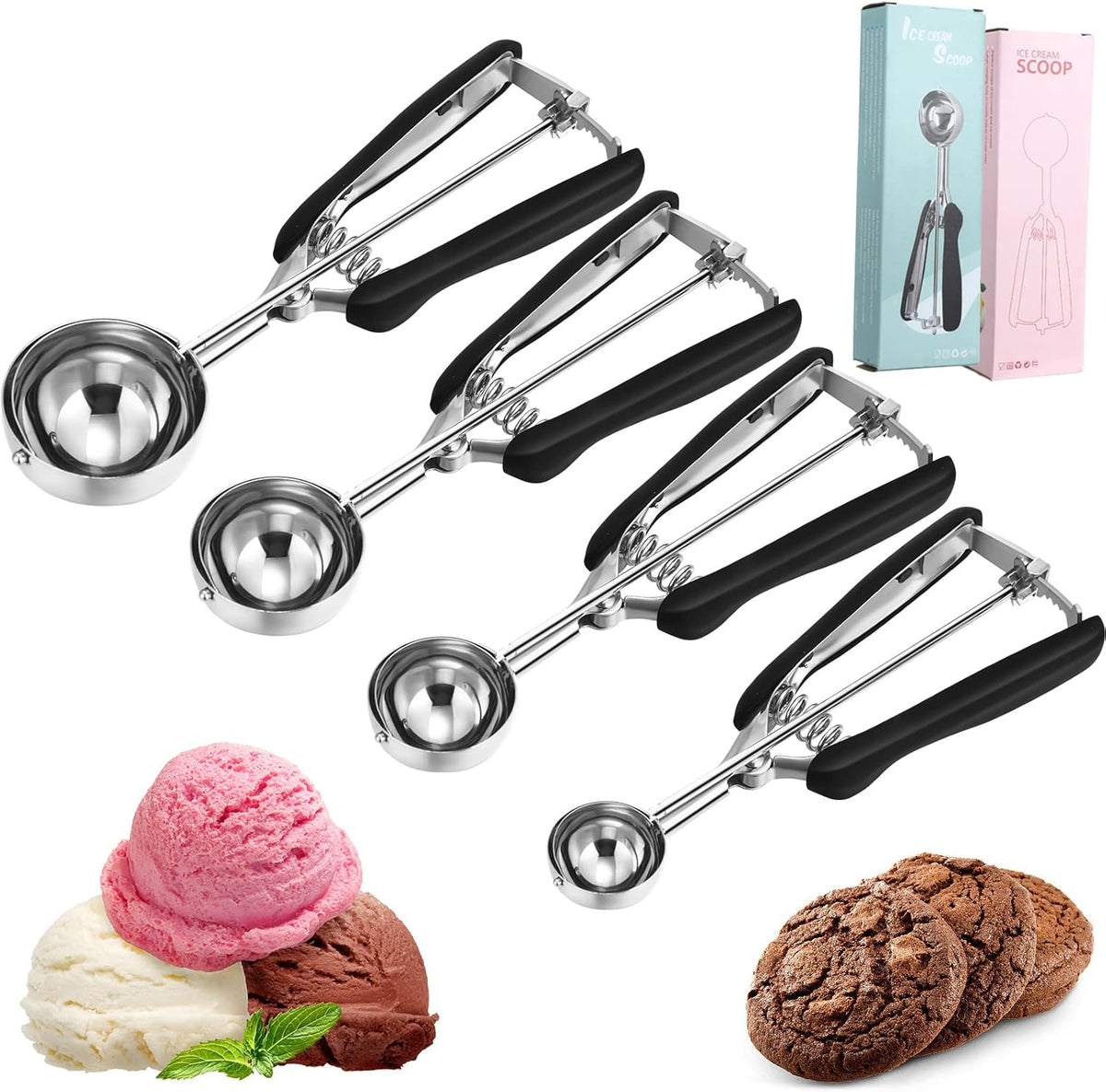 4 Pcs Cookie Scoop Set Ice Cream Scooper Cookie Scoops for Baking Include 1/2 /3/4 Tbsp Stainless Steel Scooper with Trigger Release for Baking Cupcake Protein Balls Meatballs Muffin