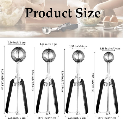 4 Pcs Cookie Scoop Set Ice Cream Scooper Cookie Scoops for Baking Include 1/2 /3/4 Tbsp Stainless Steel Scooper with Trigger Release for Baking Cupcake Protein Balls Meatballs Muffin