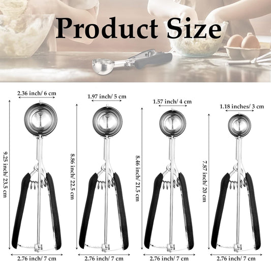 4 Pcs Cookie Scoop Set Ice Cream Scooper Cookie Scoops for Baking Include 1/2 /3/4 Tbsp Stainless Steel Scooper with Trigger Release for Baking Cupcake Protein Balls Meatballs Muffin