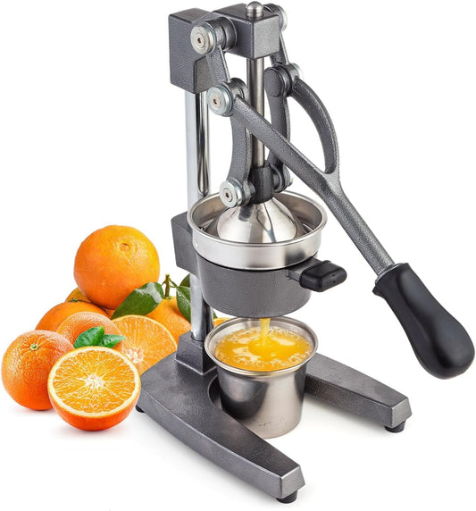 Manual Cast Iron Juicer, Gray Lemon Citrus Squeezer | Detachable Cone, Free Stainless Steel Cup, Extracts Juice from Lemons, Oranges and Grapefruits, Easy to Clean