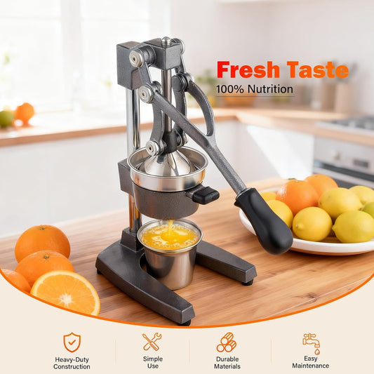 Manual Cast Iron Juicer, Gray Lemon Citrus Squeezer | Detachable Cone, Free Stainless Steel Cup, Extracts Juice from Lemons, Oranges and Grapefruits, Easy to Clean
