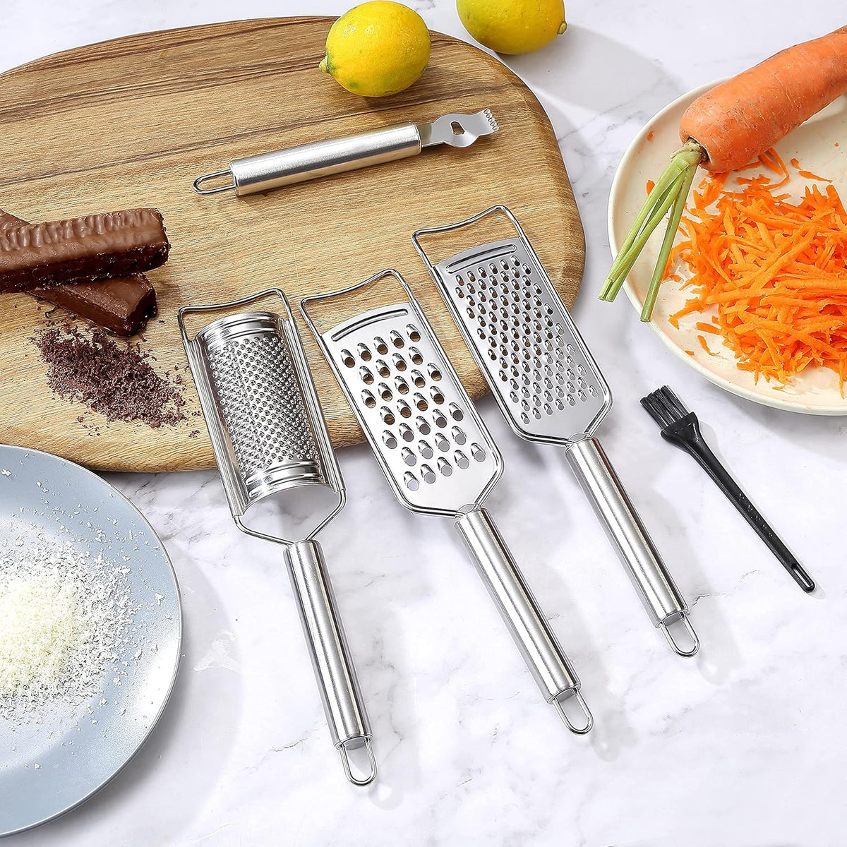 Stainless Steel Cheese Grater Set, Set of 5 Kitchen Grater & Peeler & Slicer, Lemon Zester with Cleaning Brush for Vegetable, Fruit, Chocolate