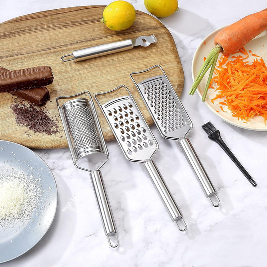 Stainless Steel Cheese Grater Set, Set of 5 Kitchen Grater & Peeler & Slicer, Lemon Zester with Cleaning Brush for Vegetable, Fruit, Chocolate