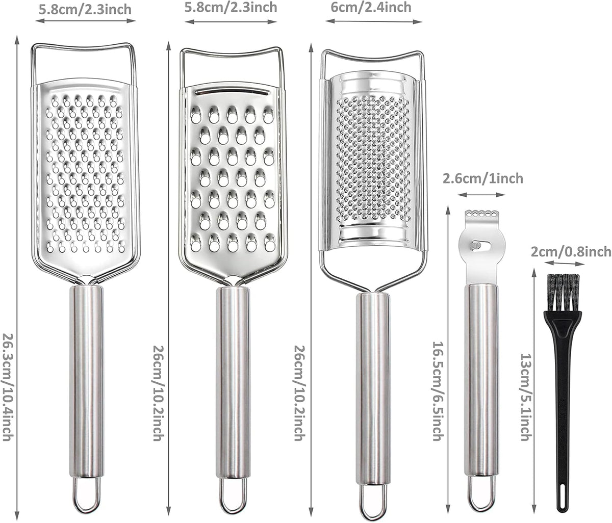 Stainless Steel Cheese Grater Set, Set of 5 Kitchen Grater & Peeler & Slicer, Lemon Zester with Cleaning Brush for Vegetable, Fruit, Chocolate