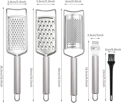 Stainless Steel Cheese Grater Set, Set of 5 Kitchen Grater & Peeler & Slicer, Lemon Zester with Cleaning Brush for Vegetable, Fruit, Chocolate